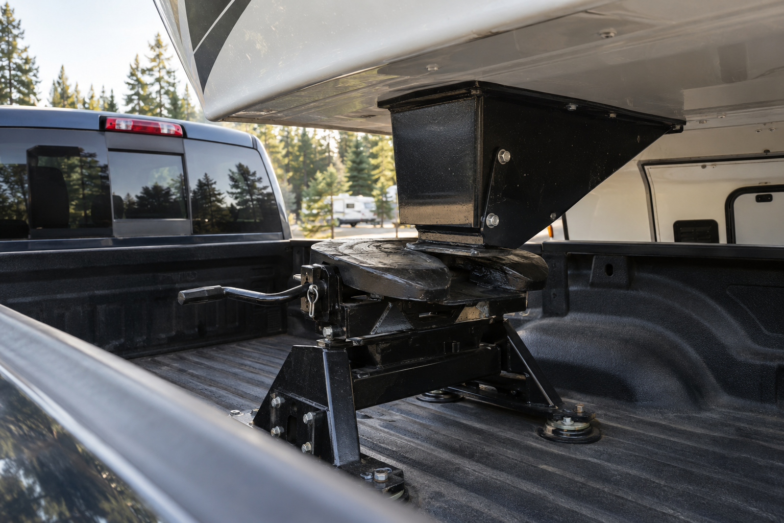 Close-up of a fifth-wheel trailer’s pin box connected to a hitch mounted in a pickup truck bed.
