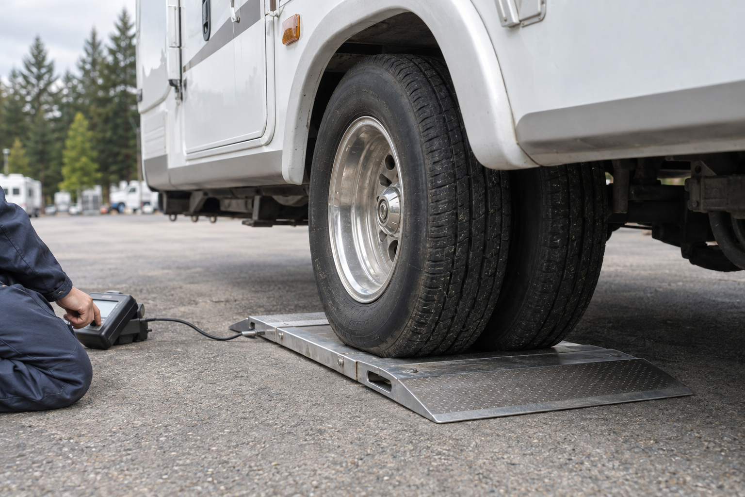 Motorhome rear dual tires resting on a portable weighing pad while a technician checks the connected readout.