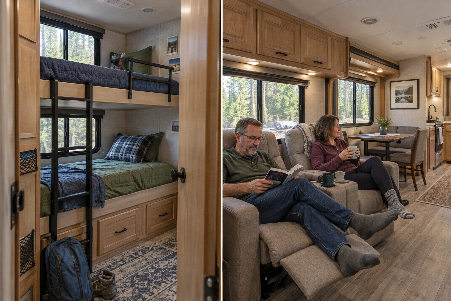 Side-by-side RV layouts showing a separate bunkroom and a couple relaxing in recliners beside a dining area.