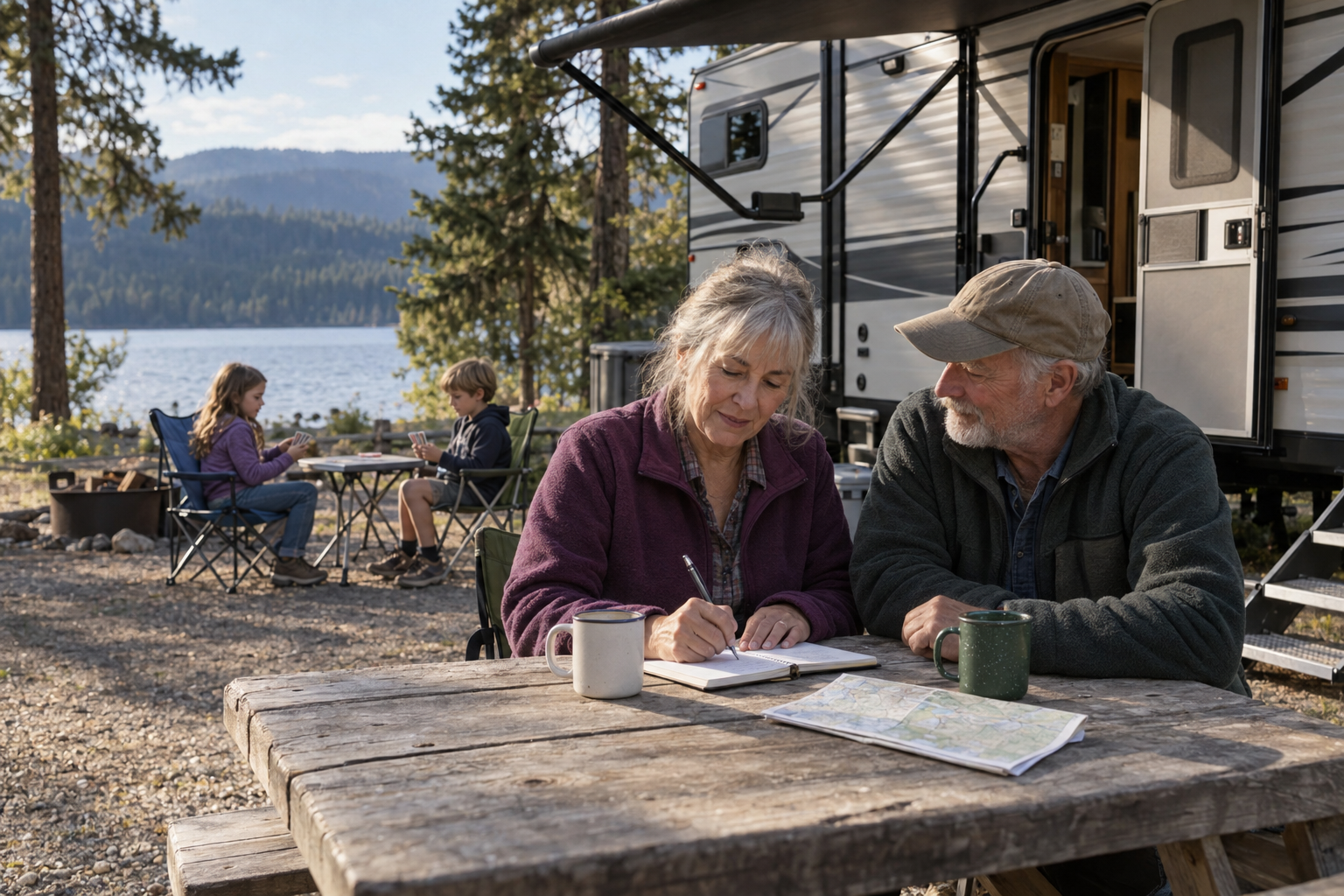 Older couple reviewing travel plans beside their travel trailer while two grandchildren play cards at a lakeside campsite.