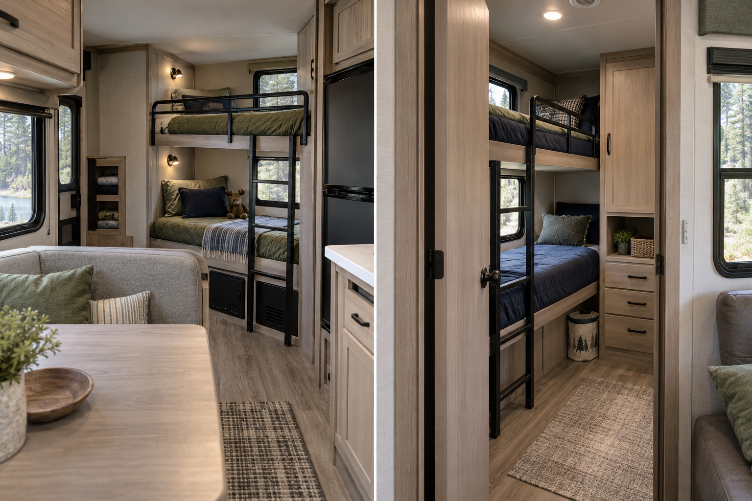 Side-by-side RV interiors comparing open bunks beside a dinette with a separate bunkroom behind a door, both with ladders and storage.
