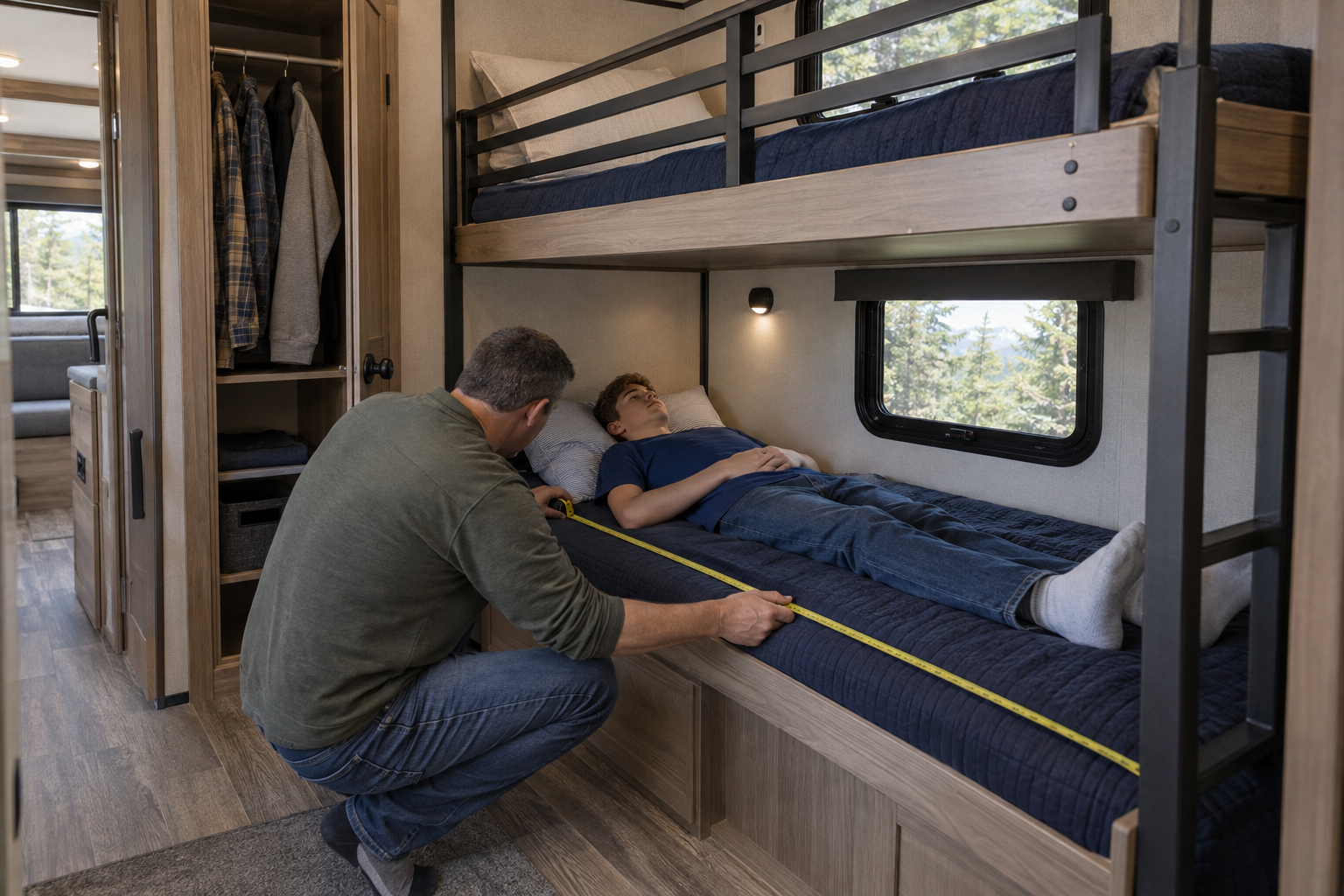 Teenager testing an RV’s lower bunk while his father measures the mattress length, with the upper bunk and access ladder visible.