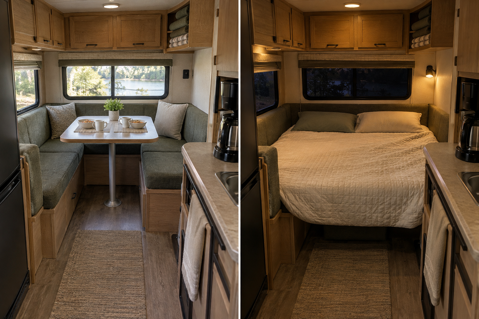 Side-by-side views of an RV dinette set for breakfast and converted into a guest bed at night, with the adjacent kitchen visible.