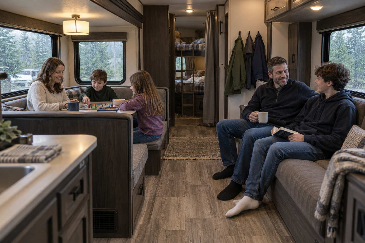 Family of five spending a rainy afternoon inside a bunkhouse RV, using the dinette and sofa with the central walkway visible.