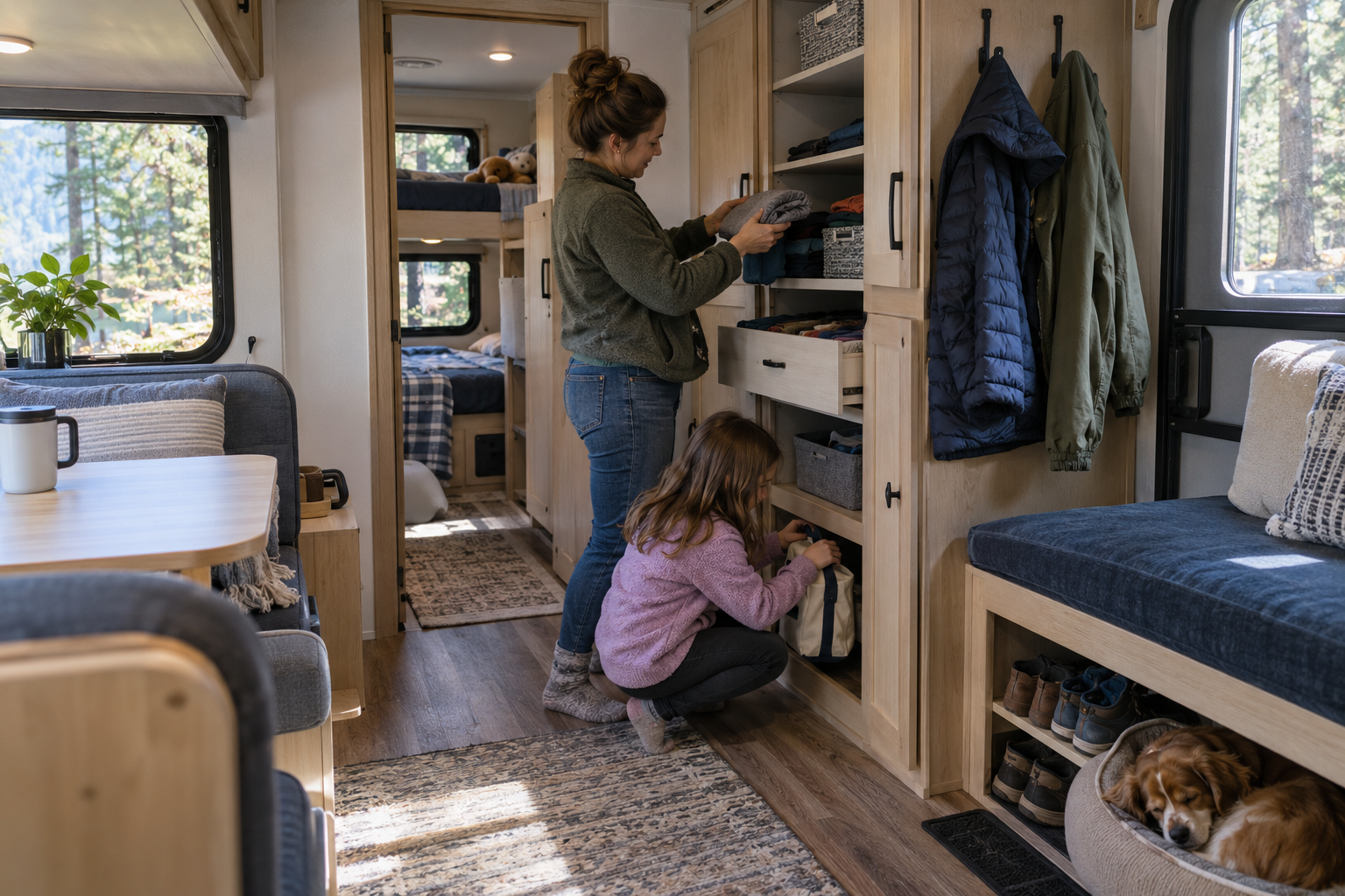 Mother and daughter organizing clothes and bags in RV storage, with jackets on hooks, shoes beneath a bench, and a dog resting nearby.