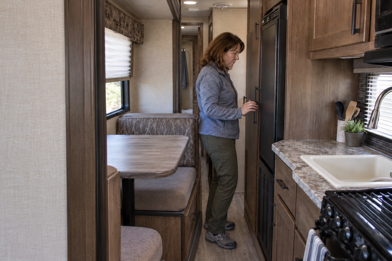 Woman checking refrigerator access in a tight RV walkway with the dinette slide-out retracted into the living area.