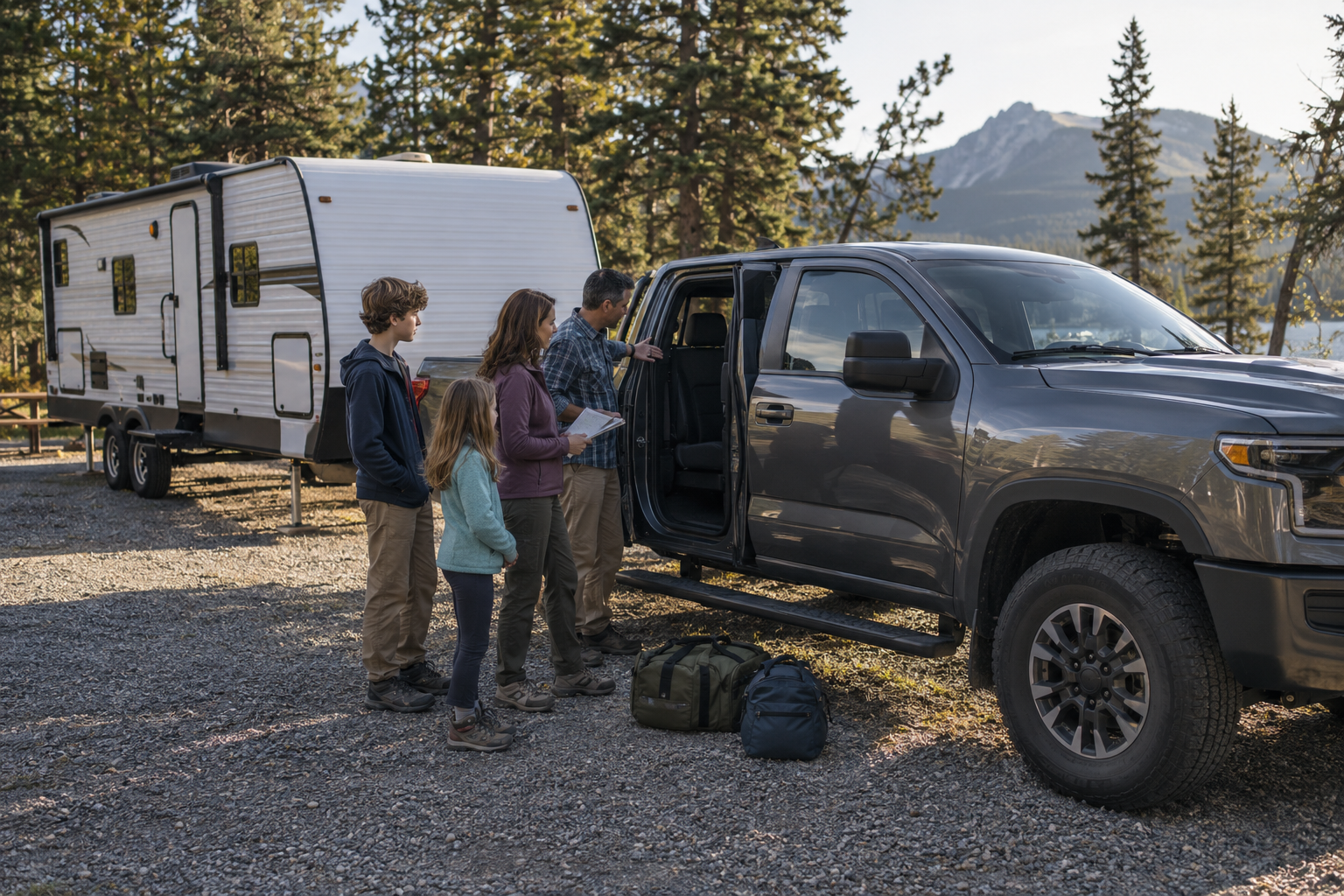 Family checking rear passenger space in a crew-cab pickup, with travel bags nearby and a travel trailer parked behind it.
