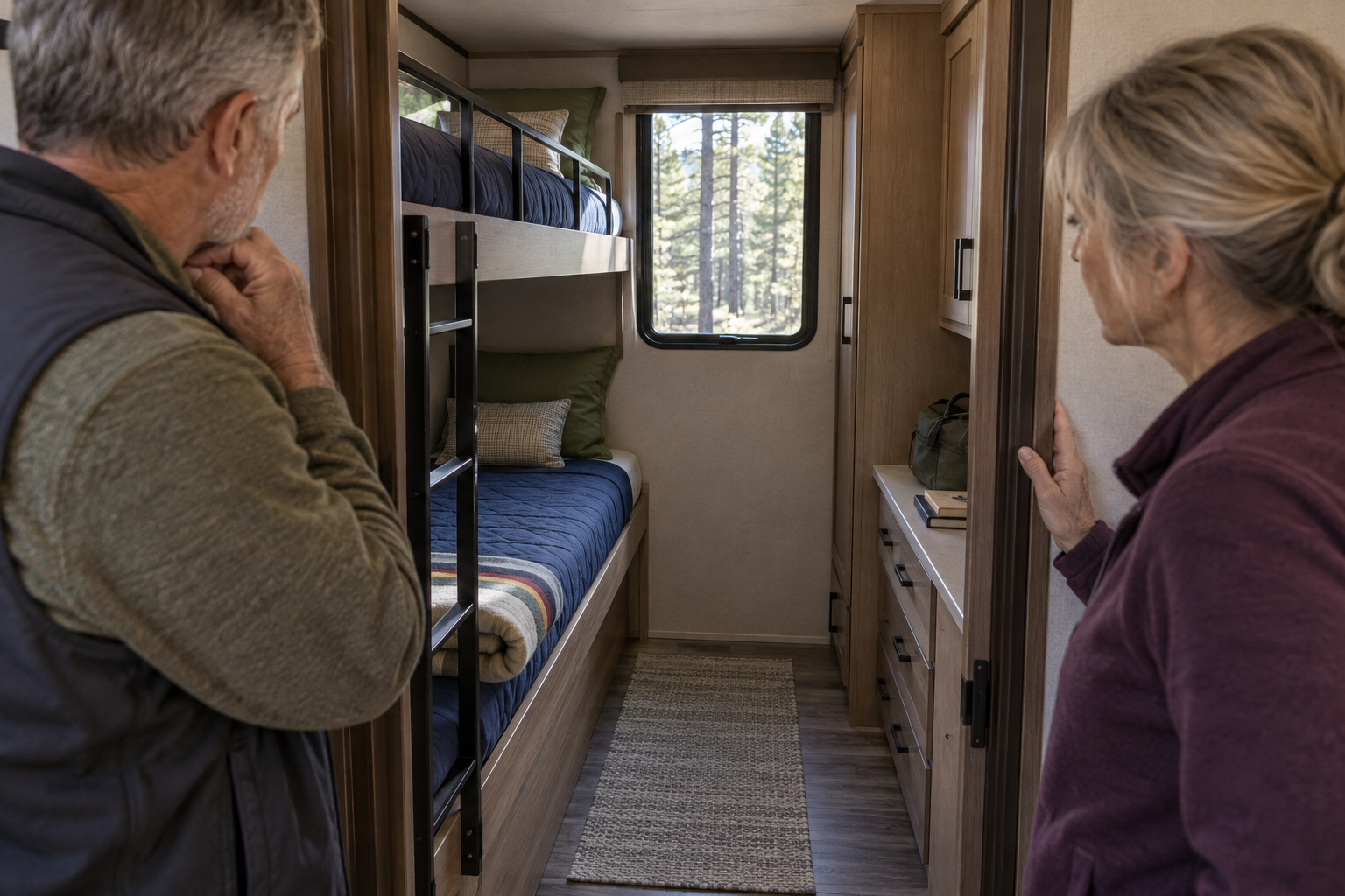 Older couple looking into an RV bunkroom with neatly made bunk beds, an access ladder, and built-in storage for occasional guests.