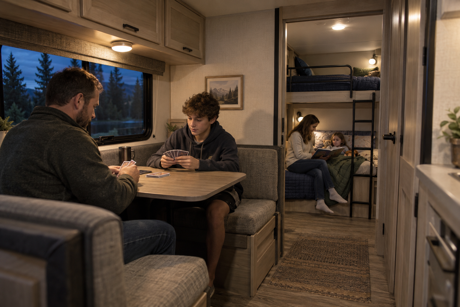 Father and son playing cards at an RV dinette while a mother reads to her daughter in a separate bunkroom at bedtime.