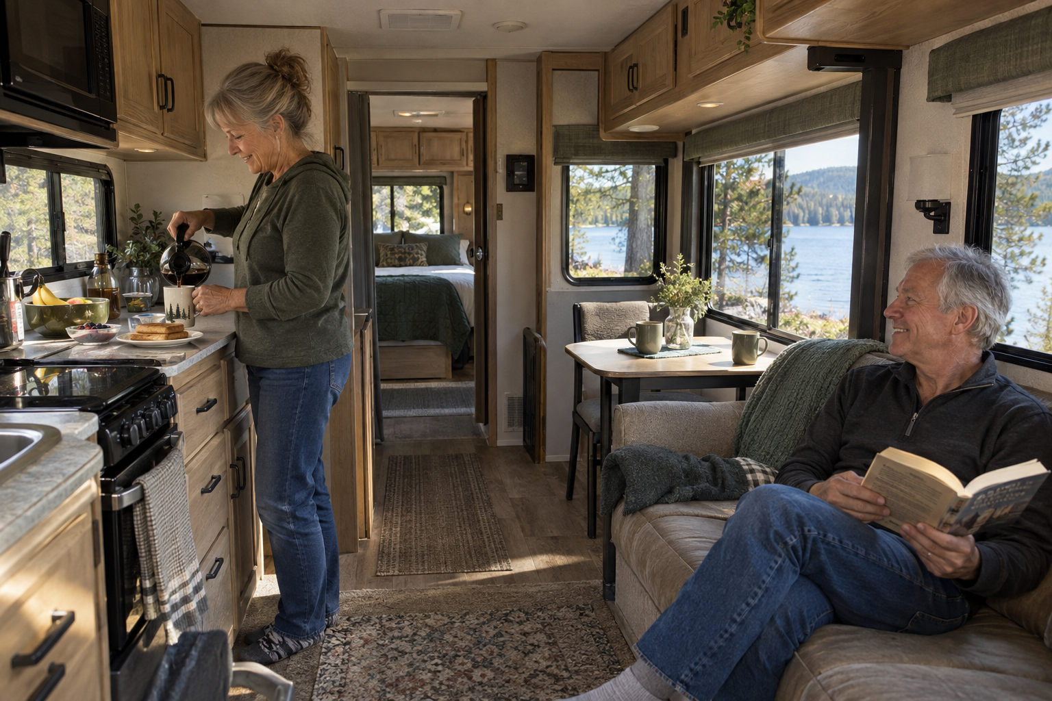 Couple enjoying a morning inside their RV, with one preparing coffee and the other reading on the sofa beside a lakeside window.