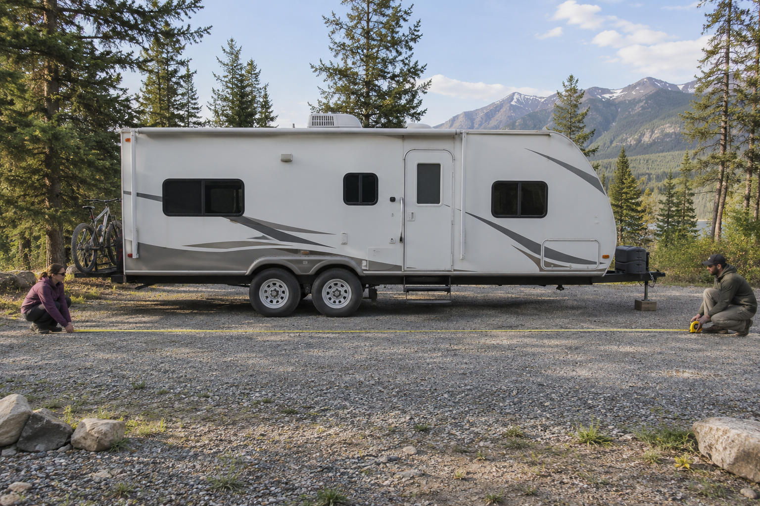 Couple using a long tape measure beside a travel trailer, with its front hitch and rear-mounted bicycle rack visible.