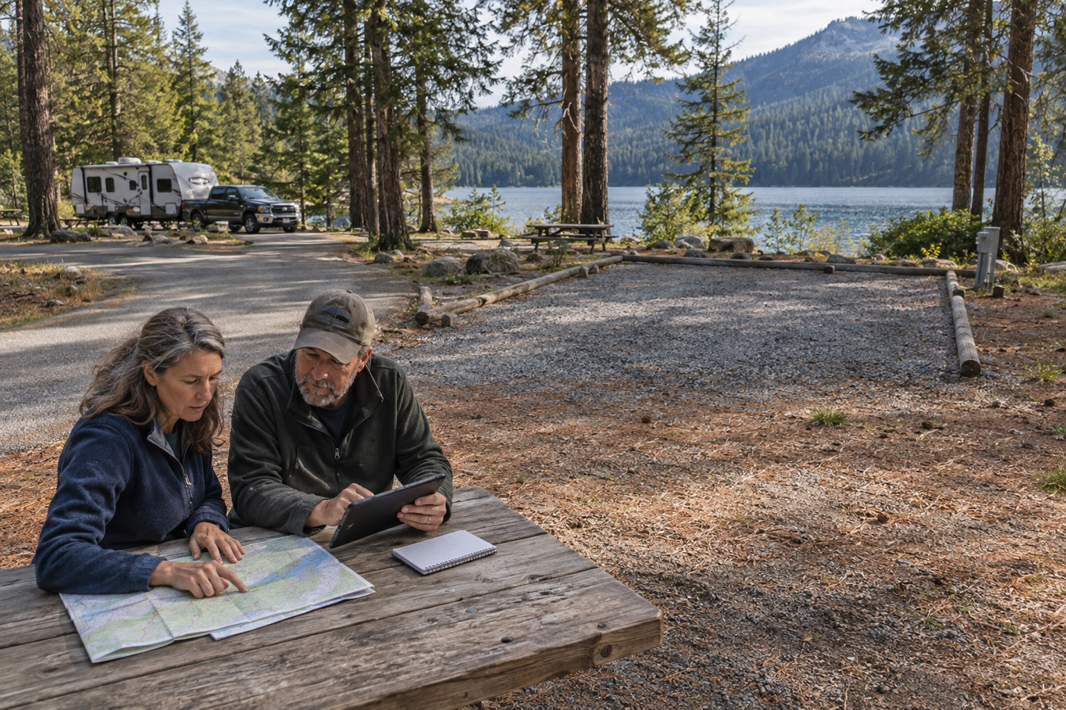 Couple reviewing a map and tablet beside an empty lakeside RV campsite, with the parking pad and campground access road visible.