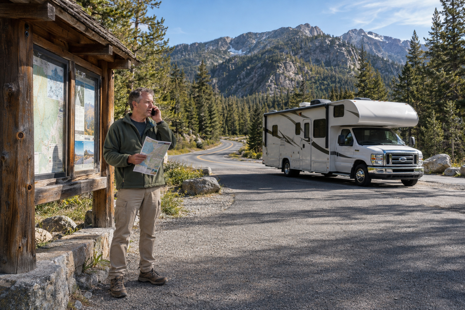RV traveler holding a map and making a phone call beside a park information kiosk, with a Class C motorhome parked nearby.