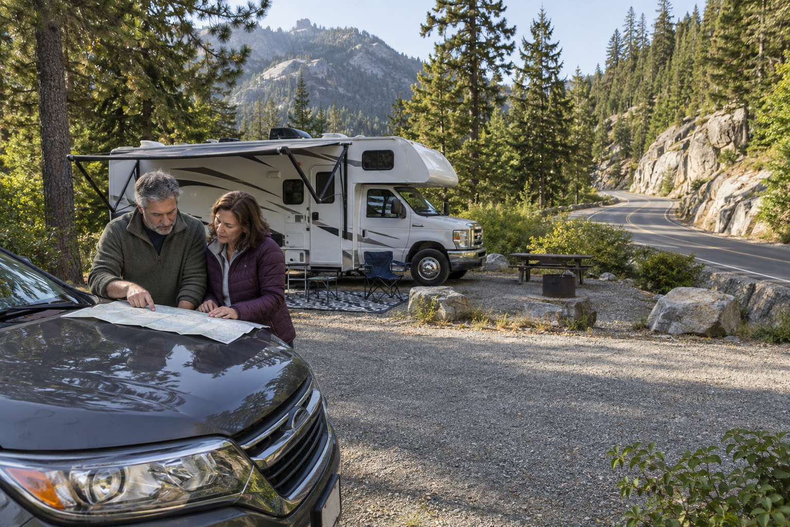 Couple reviewing a road map on their SUV’s hood beside a parked Class C motorhome, with a winding mountain road nearby.