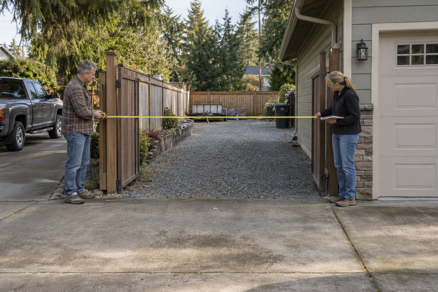 Couple measuring the gate opening to a gravel RV parking area beside their garage, with the driveway approach and roof overhang visible.