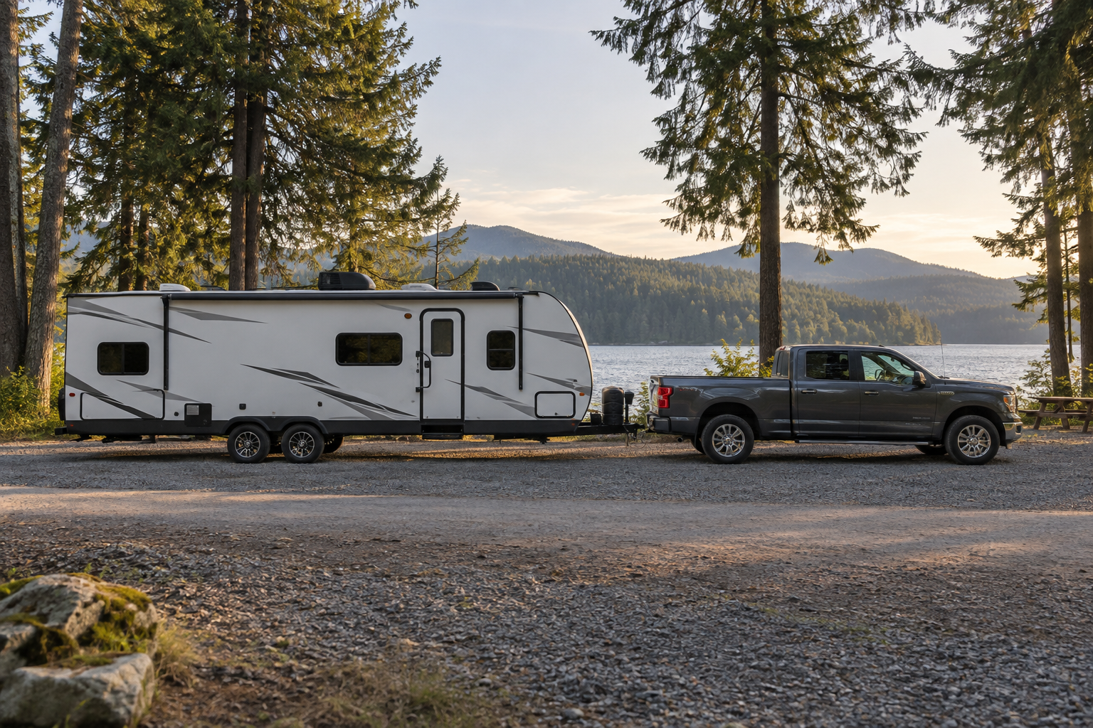Side view of a pickup connected to a travel trailer at a lakeside campsite, showing the full length of the combination.