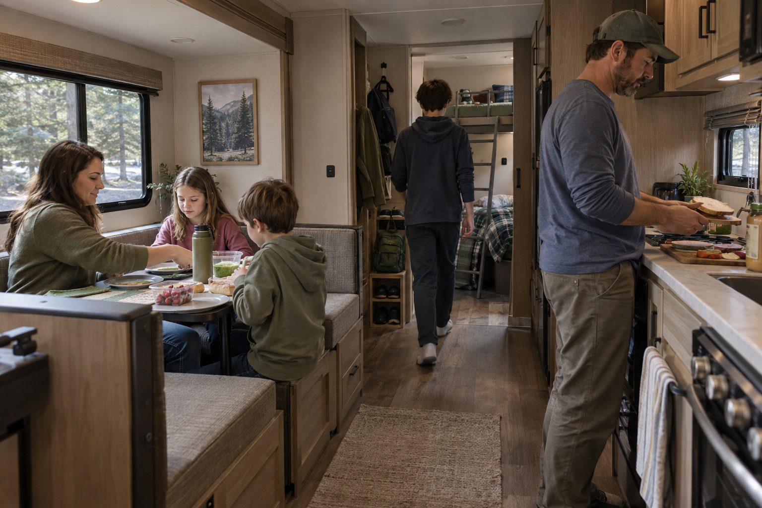 Family using an RV’s dinette and kitchen while a teenager walks through the central aisle toward a separate bunkroom.