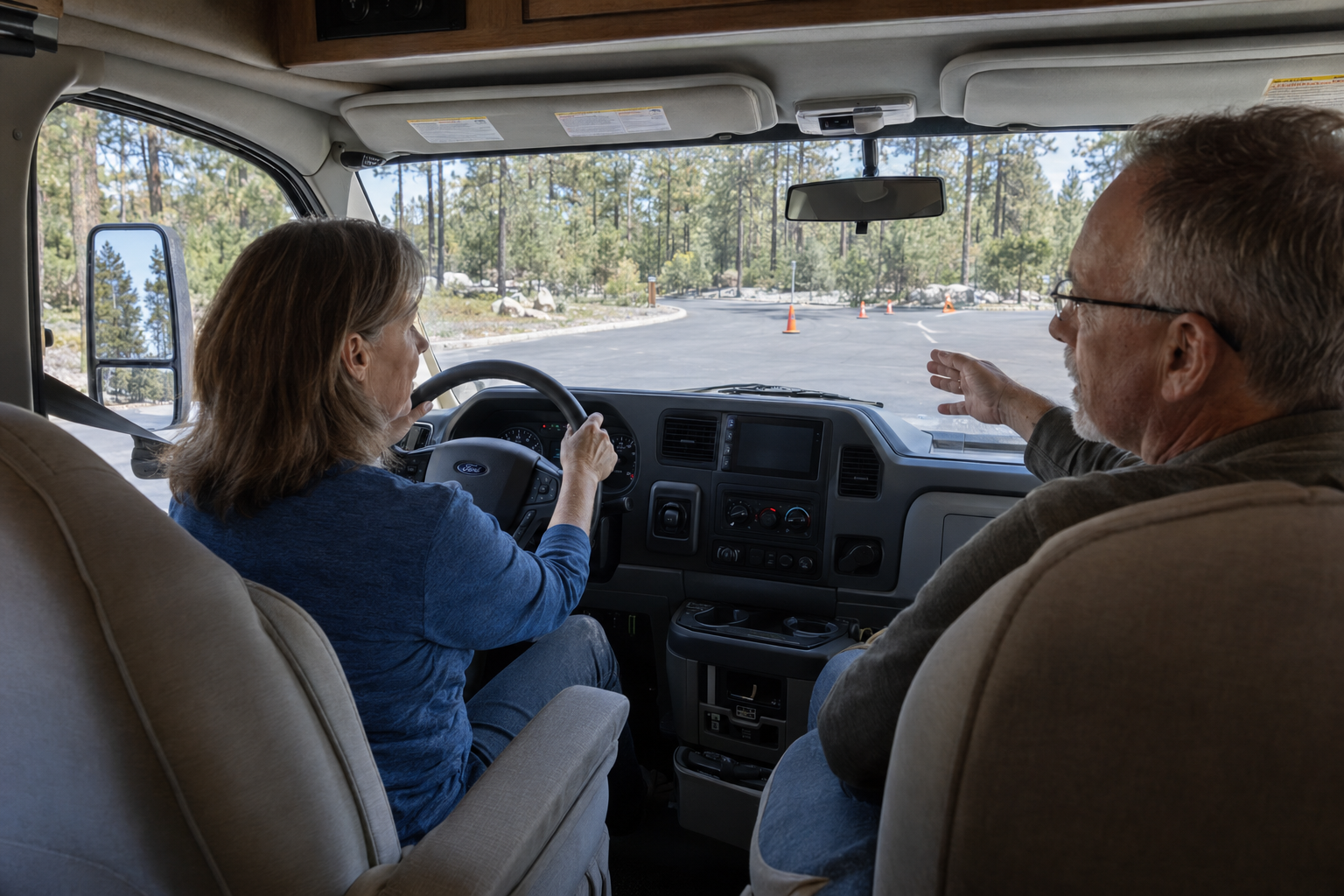 Driver receiving instruction in a Class C motorhome, with a towing mirror and practice cones visible through the windows.