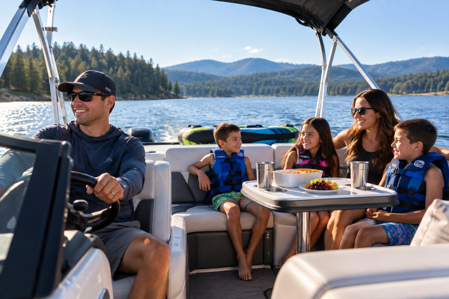 Family enjoying a day on their boat while cruising across a scenic mountain lake.