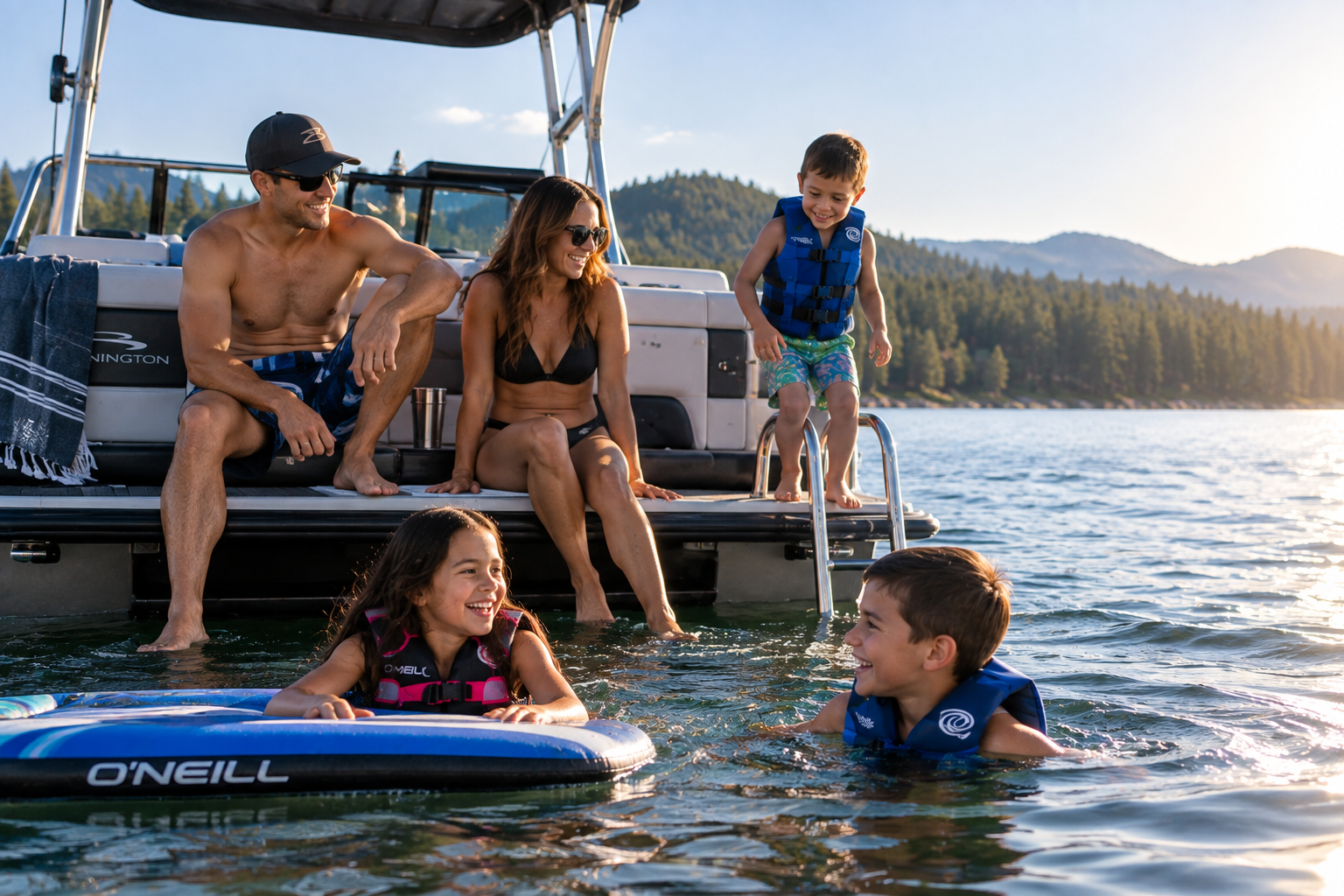 Family swimming and relaxing from the back of their boat on a mountain lake.