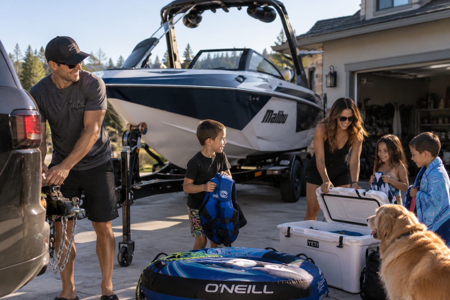 Family loading boating gear while preparing their boat and trailer for a day on the lake.