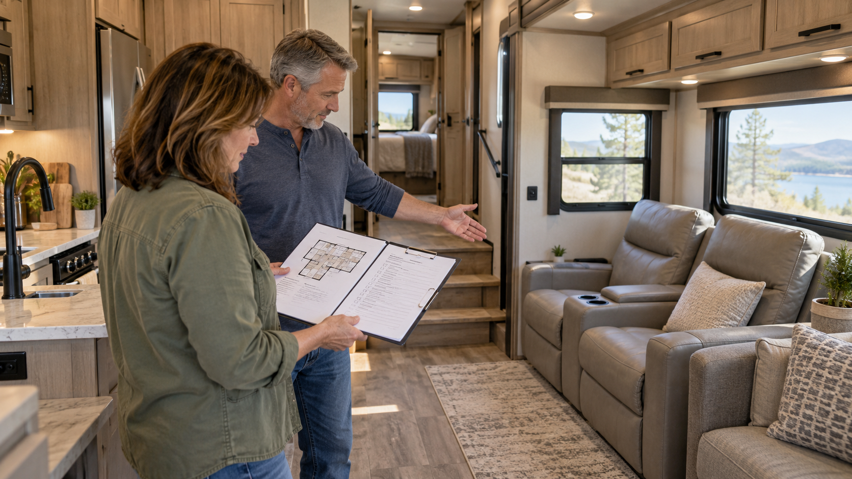 Couple comparing a printed floorplan and equipment checklist with an RV’s installed theater seating, with steps to the raised bedroom area visible behind them.