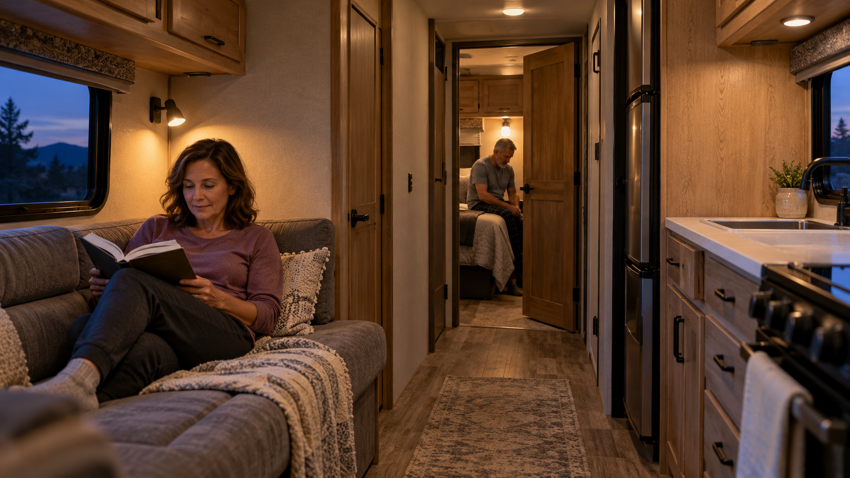Woman reading on an RV sofa while a man prepares for bed in a separate bedroom, with a partially open solid door between the spaces.