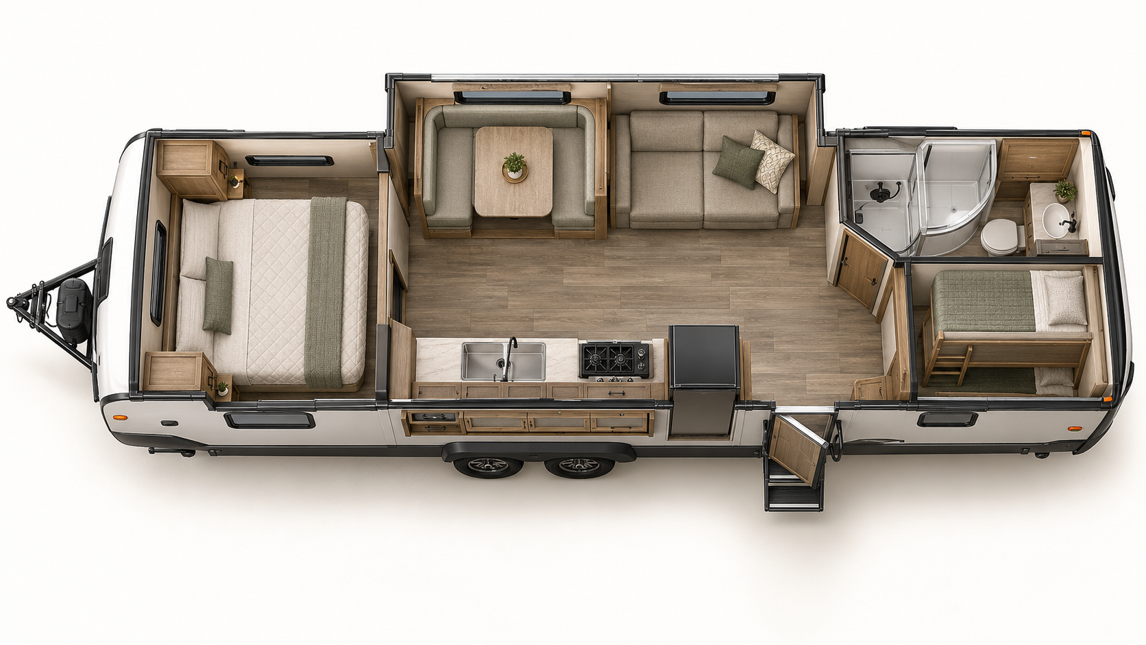 Overhead cutaway illustration of a travel trailer showing the bedroom, kitchen, dinette, sofa slide-out, rear bunks, and bathroom.