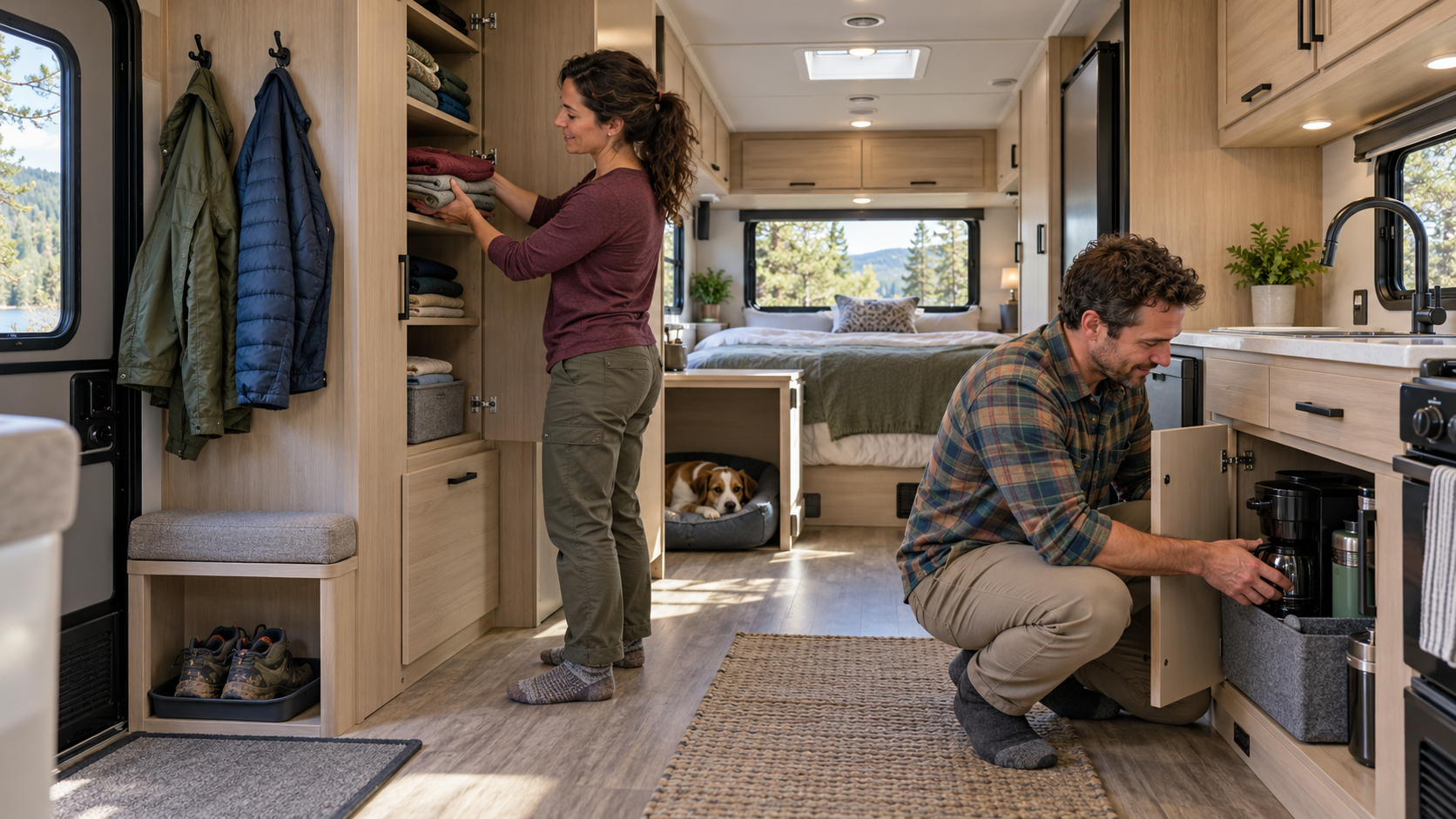 Couple organizing clothing and a coffee maker in RV cabinets, with shoes beneath an entry bench and a dog bed tucked away from the walkway.