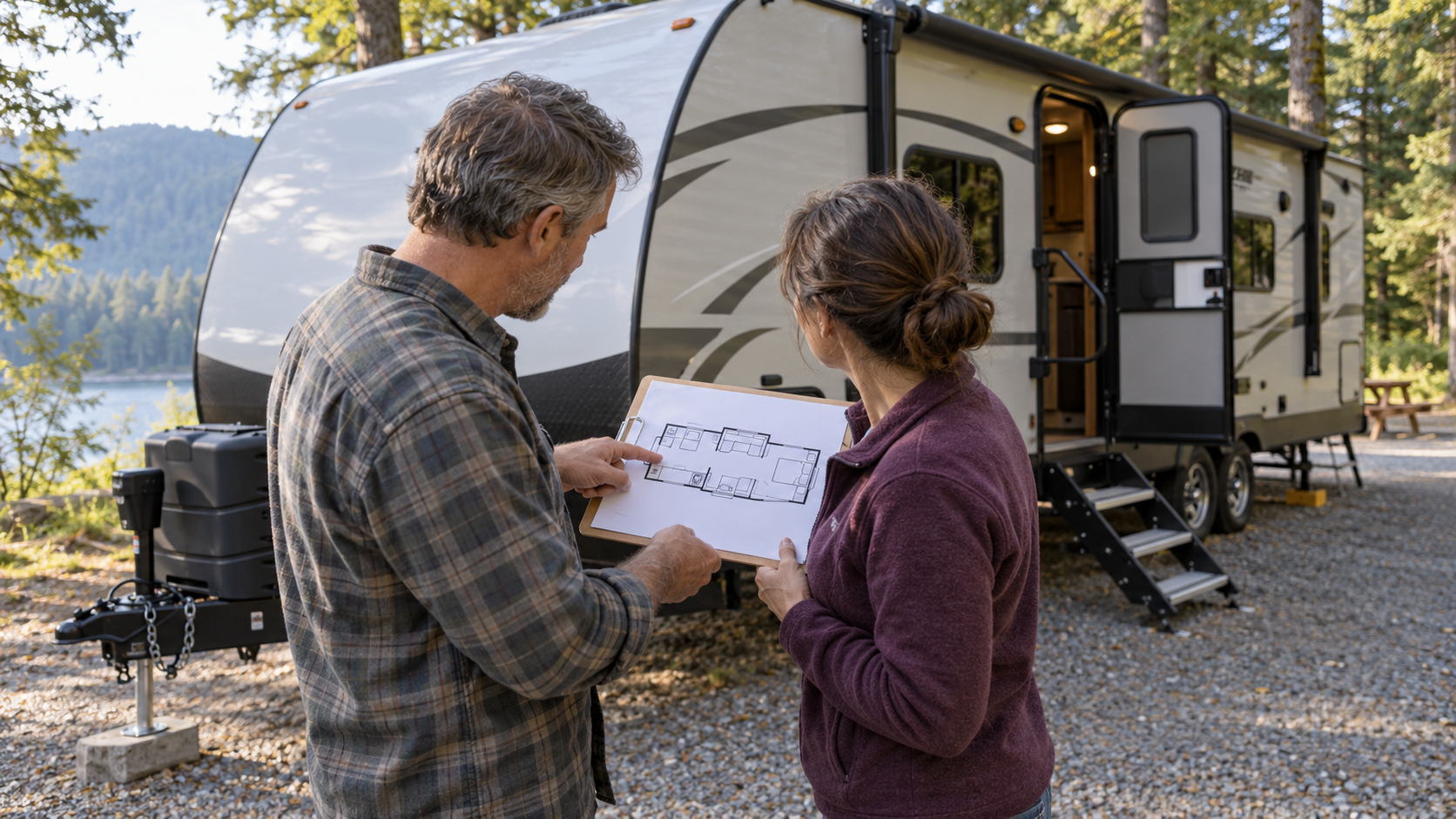 Couple reviewing a printed RV floorplan beside a travel trailer, with the front hitch and open entrance door visible.