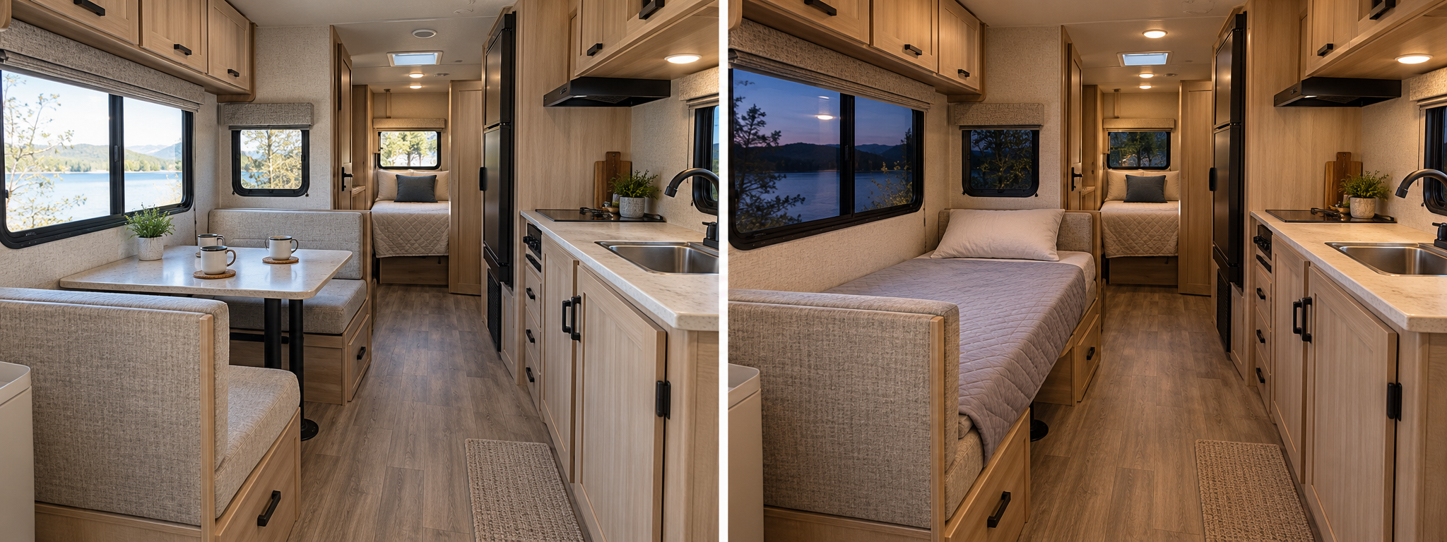 Side-by-side views of an RV dinette arranged for dining and converted into a bed, with the adjacent kitchen and walkway visible.
