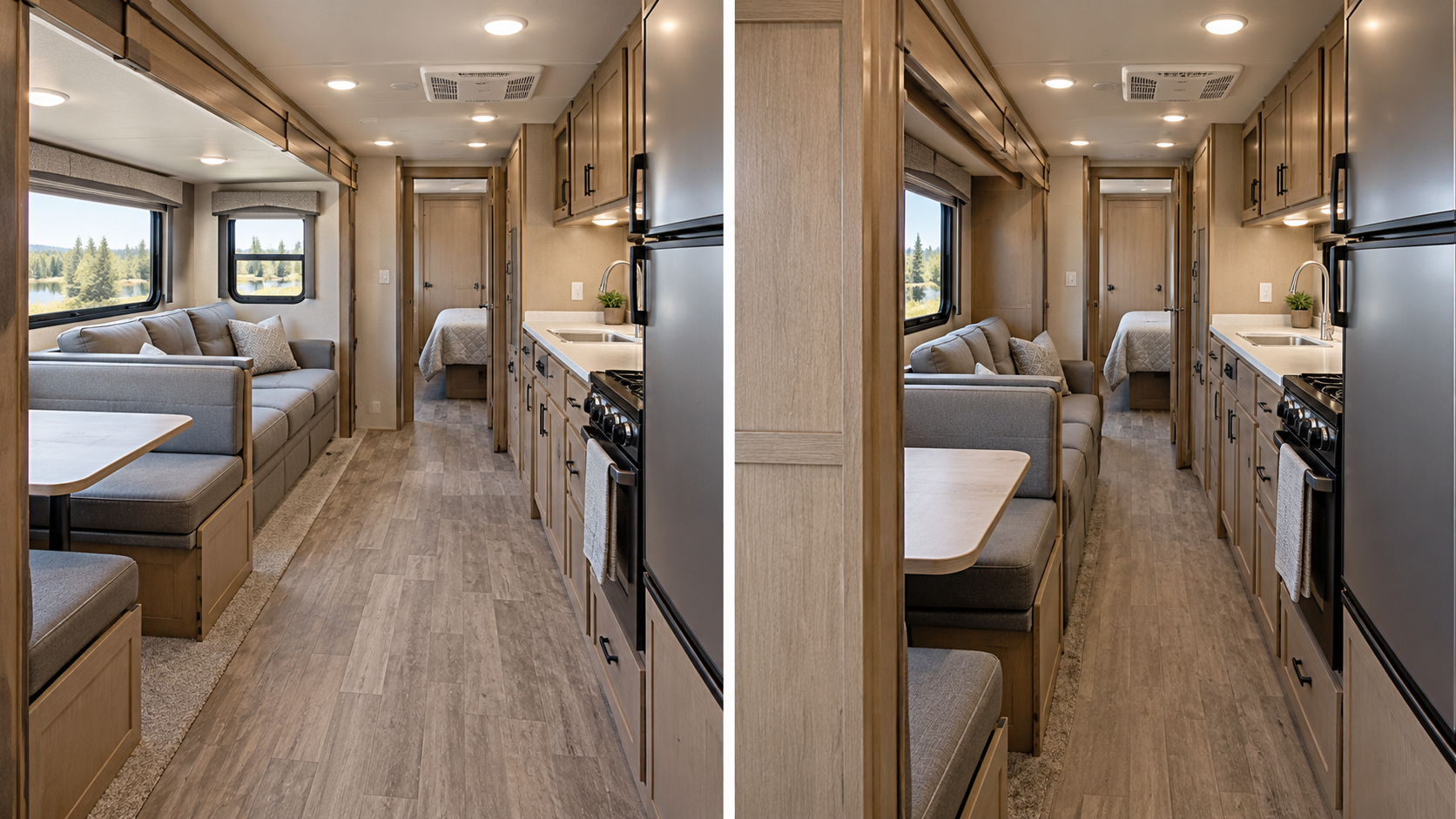 Side-by-side RV interiors illustrating how retracting the dinette and sofa slide-out narrows the walkway beside the kitchen.