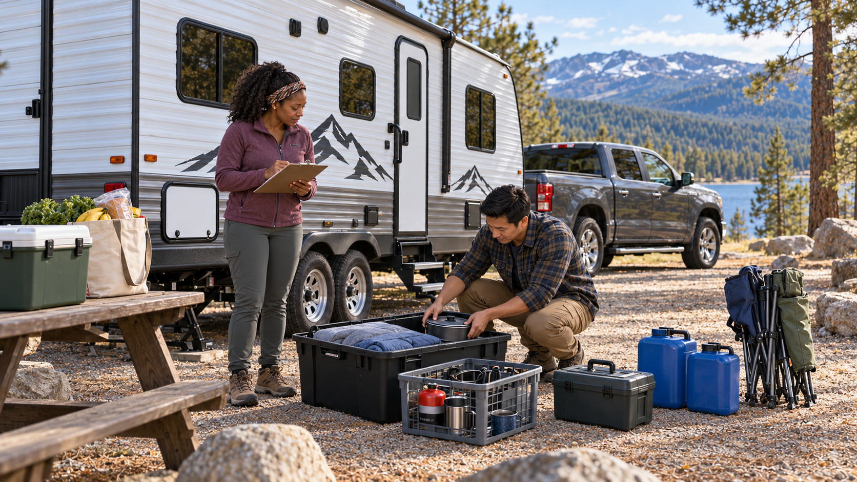 Couple organizing food, bedding, cookware, water containers, and camping gear beside their travel trailer before packing for a trip.