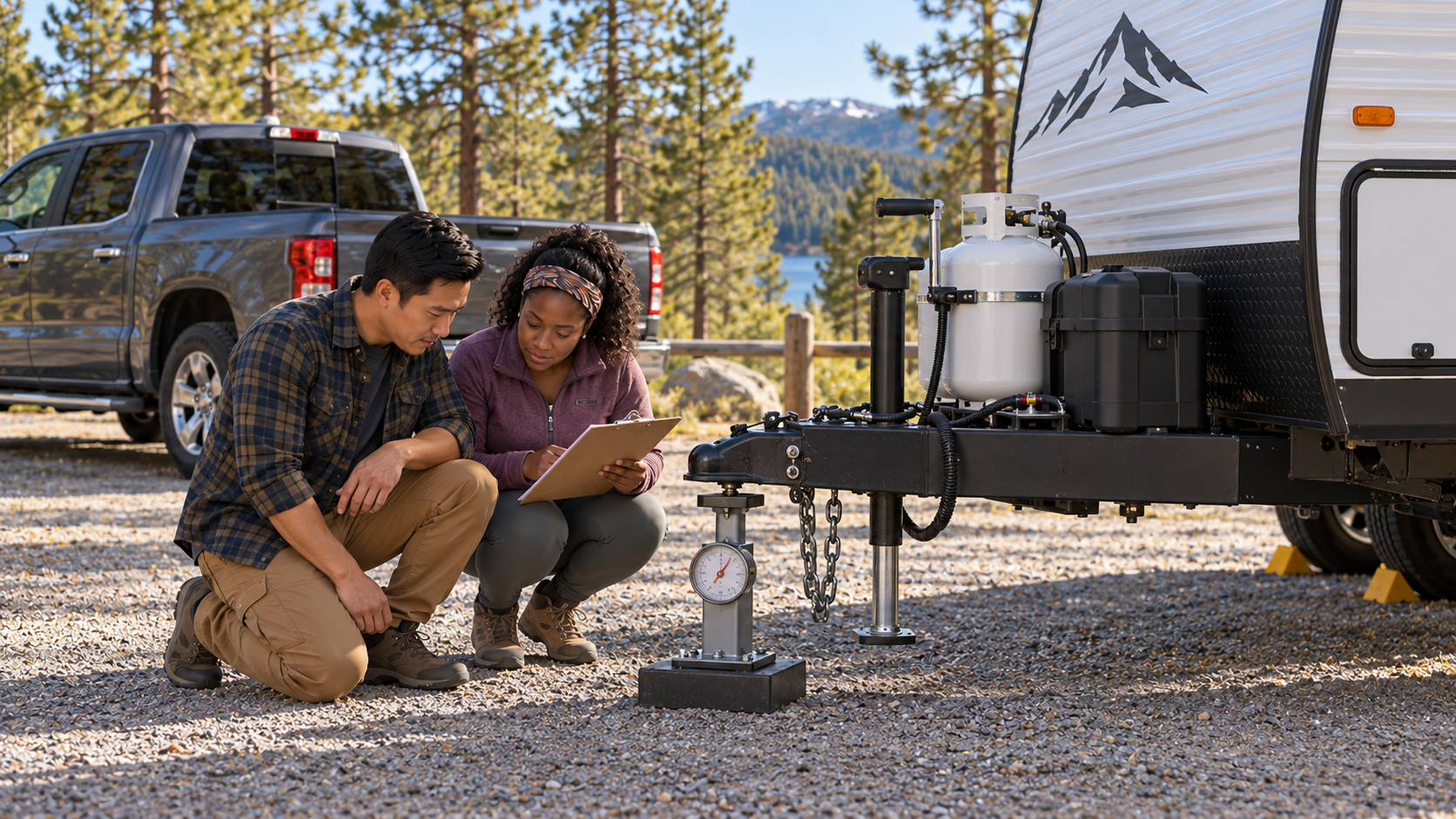 Couple checking their travel trailer’s tongue weight with a scale beneath the coupler, with their pickup parked nearby.