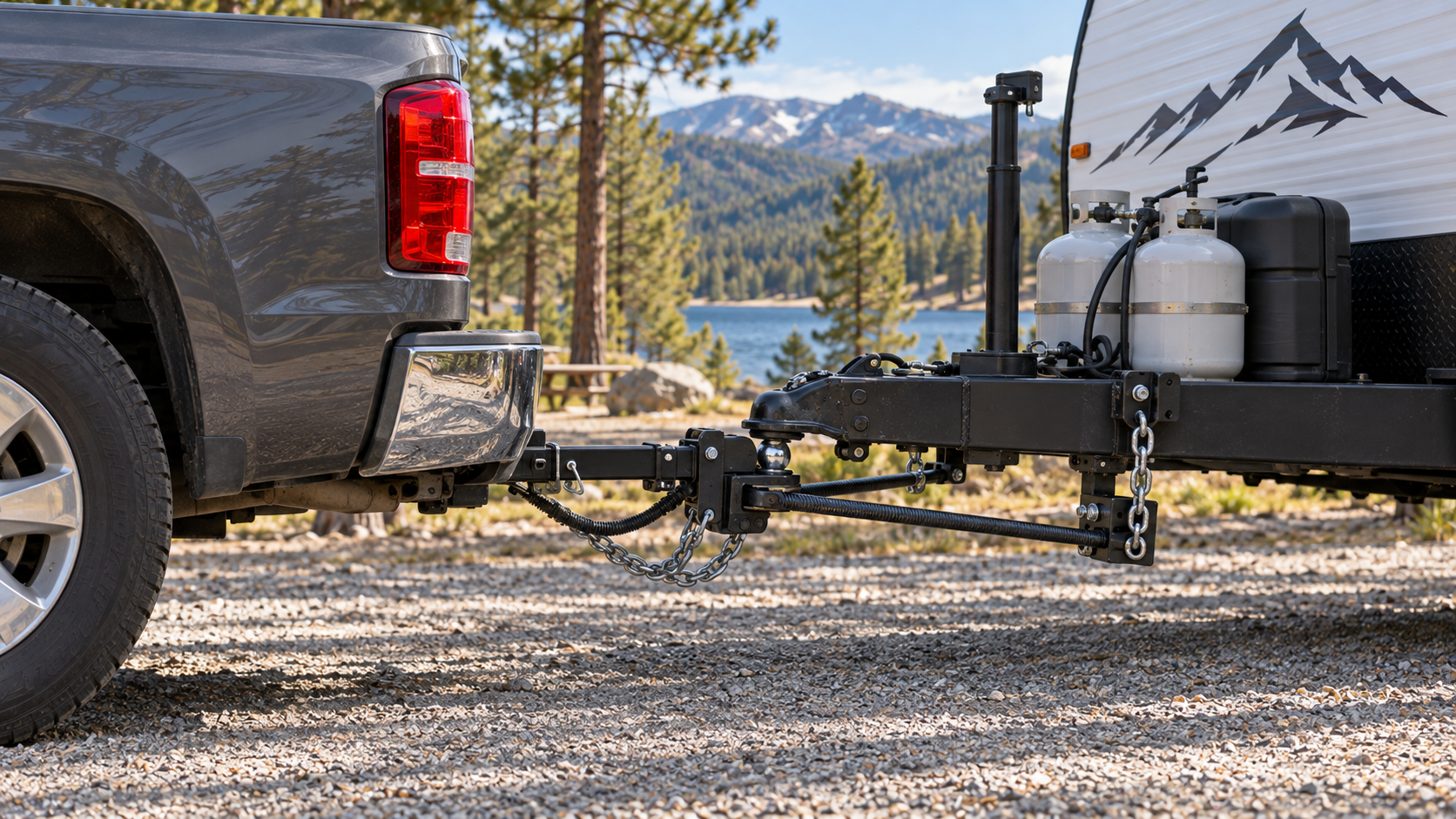Close-up of a weight-distribution hitch connecting a gray pickup truck to a travel trailer.