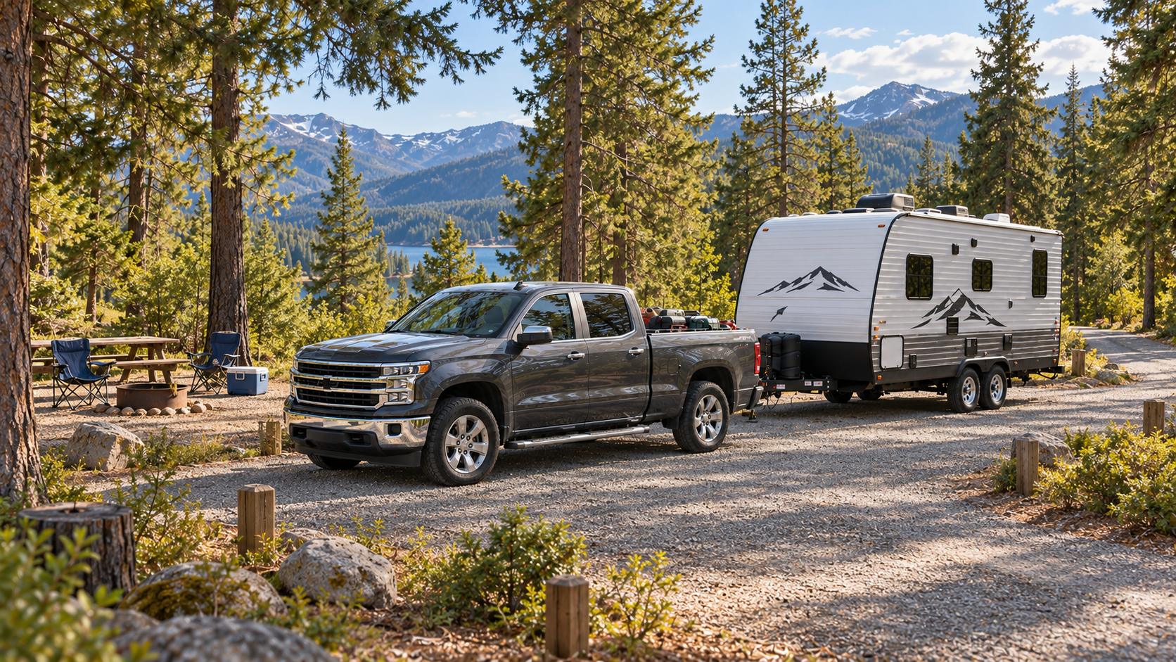 Gray pickup and travel trailer parked at a forest campsite with a picnic table, camp chairs, and mountain views.