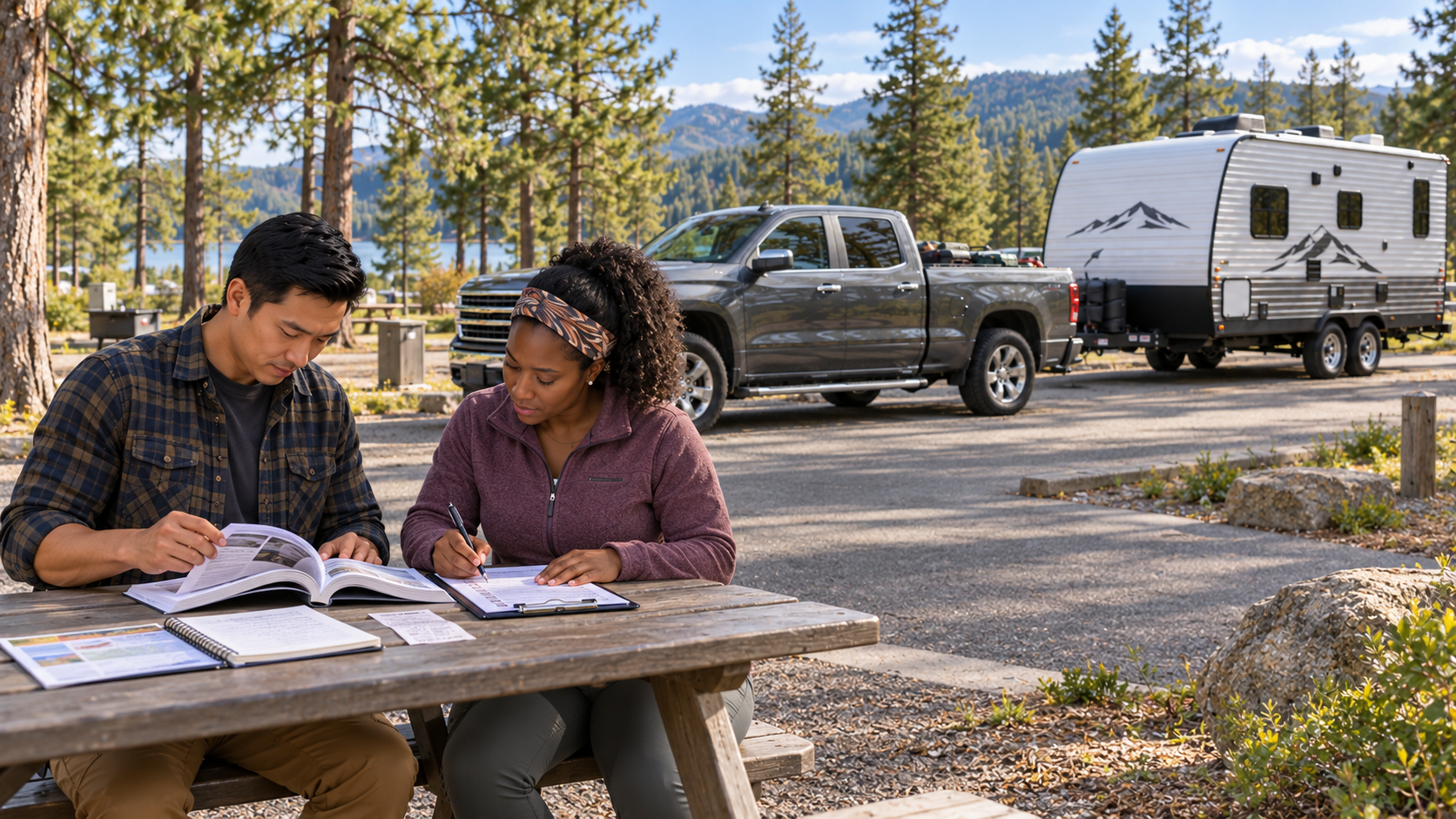 Couple reviewing a vehicle manual, weigh ticket, and towing checklist at a picnic table, with their pickup and travel trailer parked behind them.