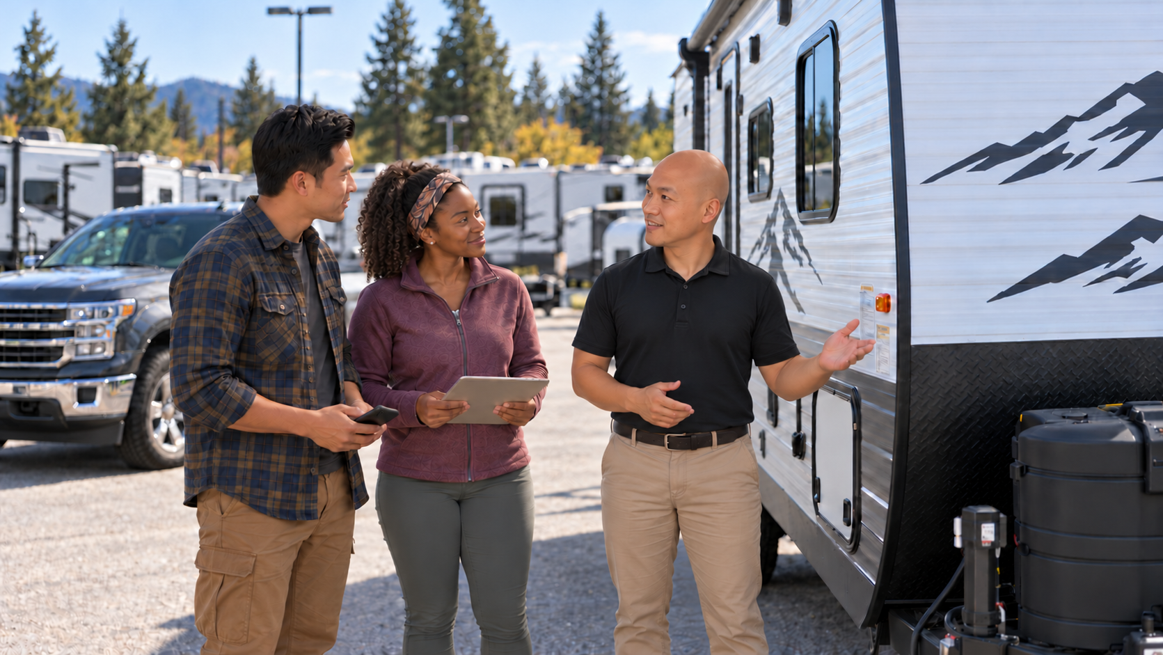 Si helping a couple review vehicle information and travel trailer specification labels during an RV walkthrough.