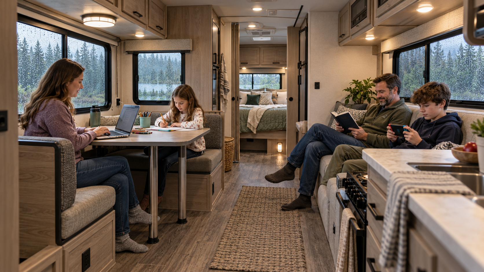 Family spending a rainy afternoon inside an RV, with a mother using a laptop and daughter drawing at the dinette while father and son relax on the sofa.