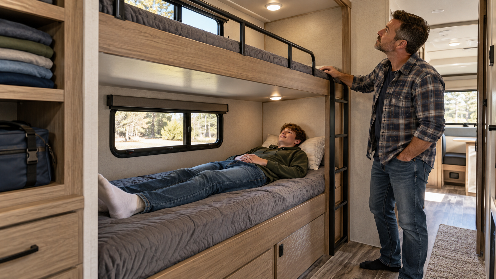 Teenager testing the length of an RV’s lower bunk while his father examines the bunk area, with a ladder, upper guardrail, and clothing storage visible.