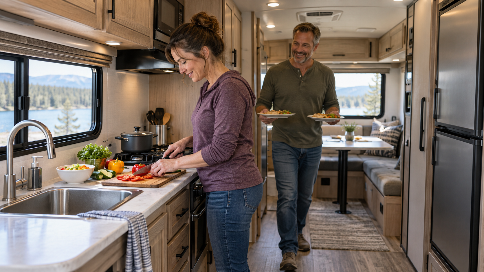 Woman preparing vegetables on an RV kitchen counter between an uncovered sink and cooktop while her partner carries plates through the adjacent aisle.