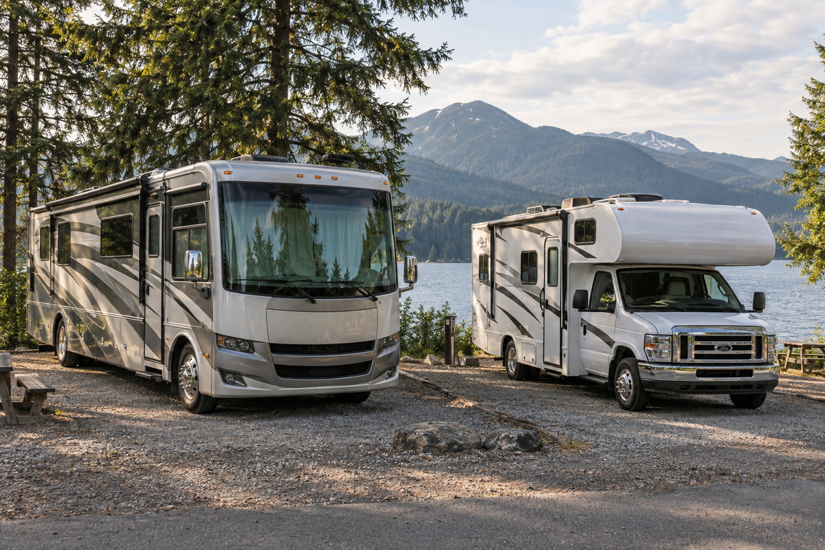 Class A motorhome with a broad windshield beside a Class C with an over-cab bunk at a wooded lakeside campground.