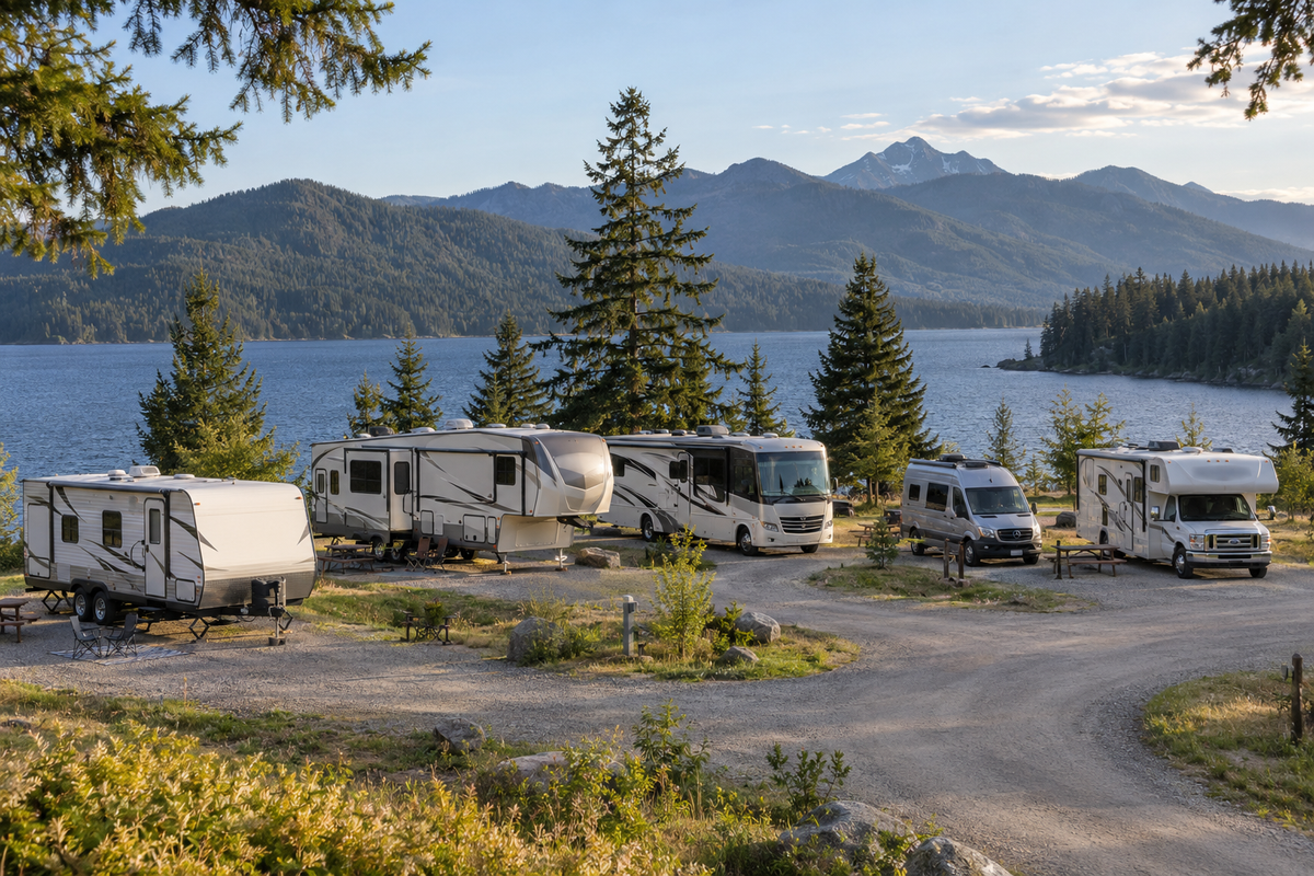 Travel trailer, fifth wheel, Class A motorhome, camper van, and Class C motorhome parked at a lakeside campground beneath forested mountains.
