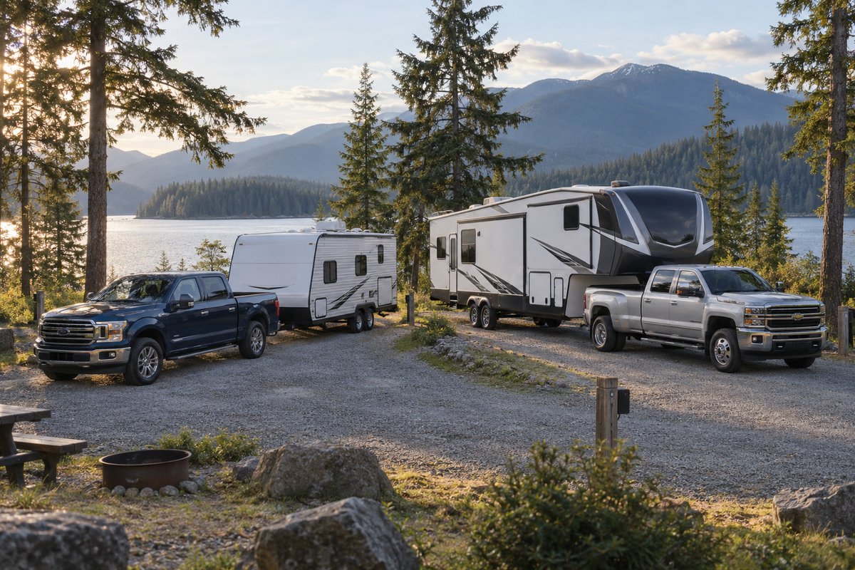 Travel trailer and fifth wheel connected to pickup trucks at neighboring lakeside campsites, surrounded by evergreen trees and mountains.