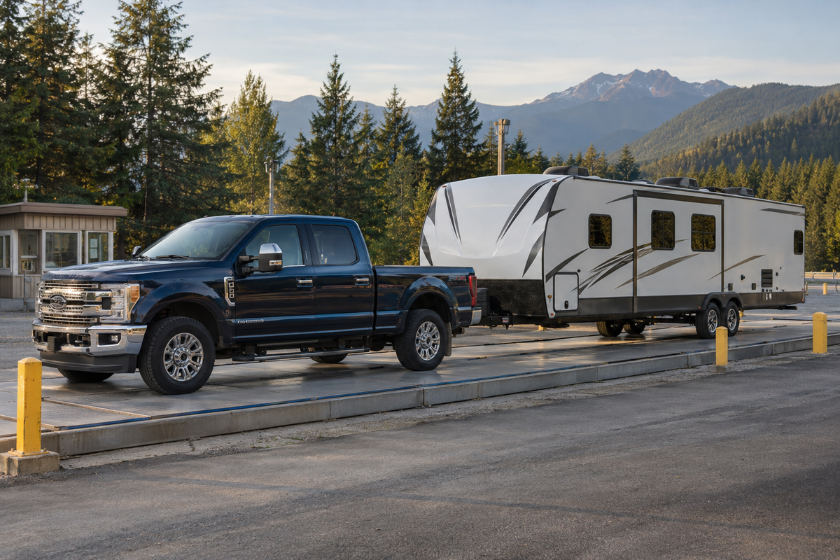 Pickup truck and travel trailer on an outdoor vehicle scale, with evergreen trees and mountains in the background.