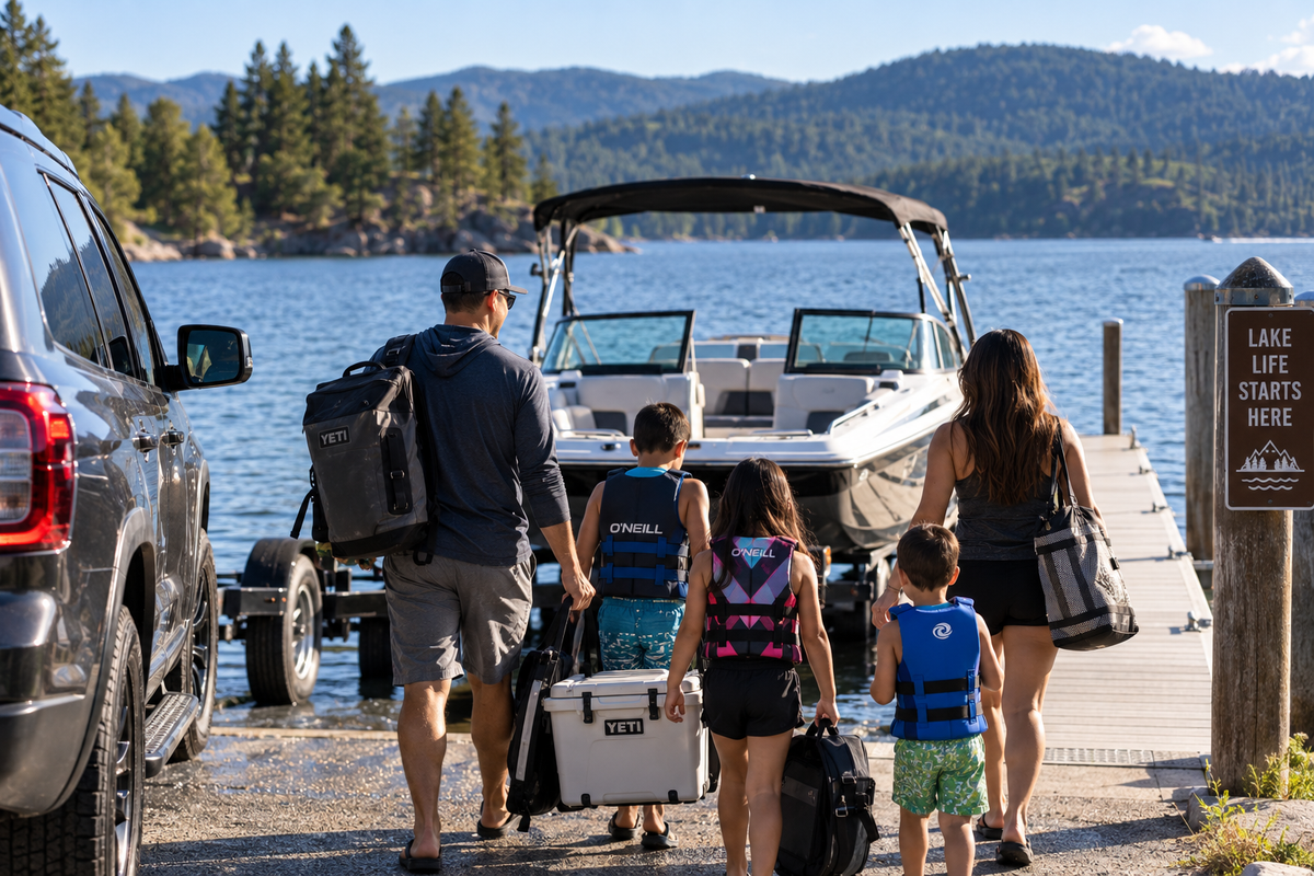 Family carrying boating gear and life jackets to their boat at a mountain lake.