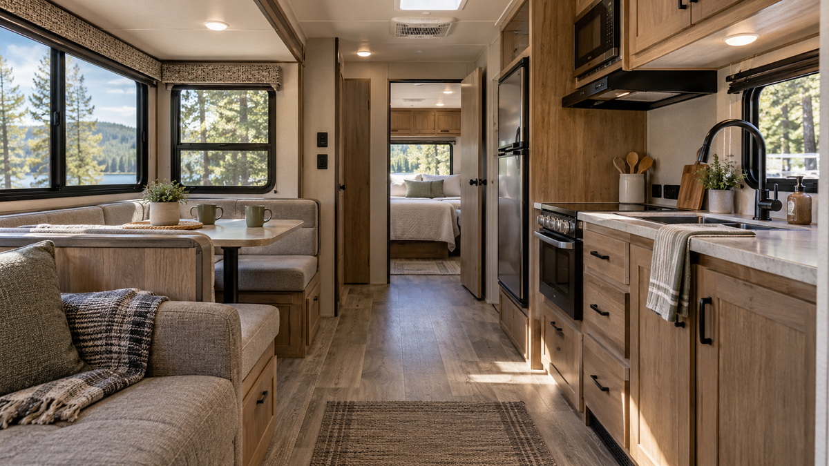 Travel trailer interior showing a sofa, dinette, kitchen, and central walkway leading to a separate bedroom.