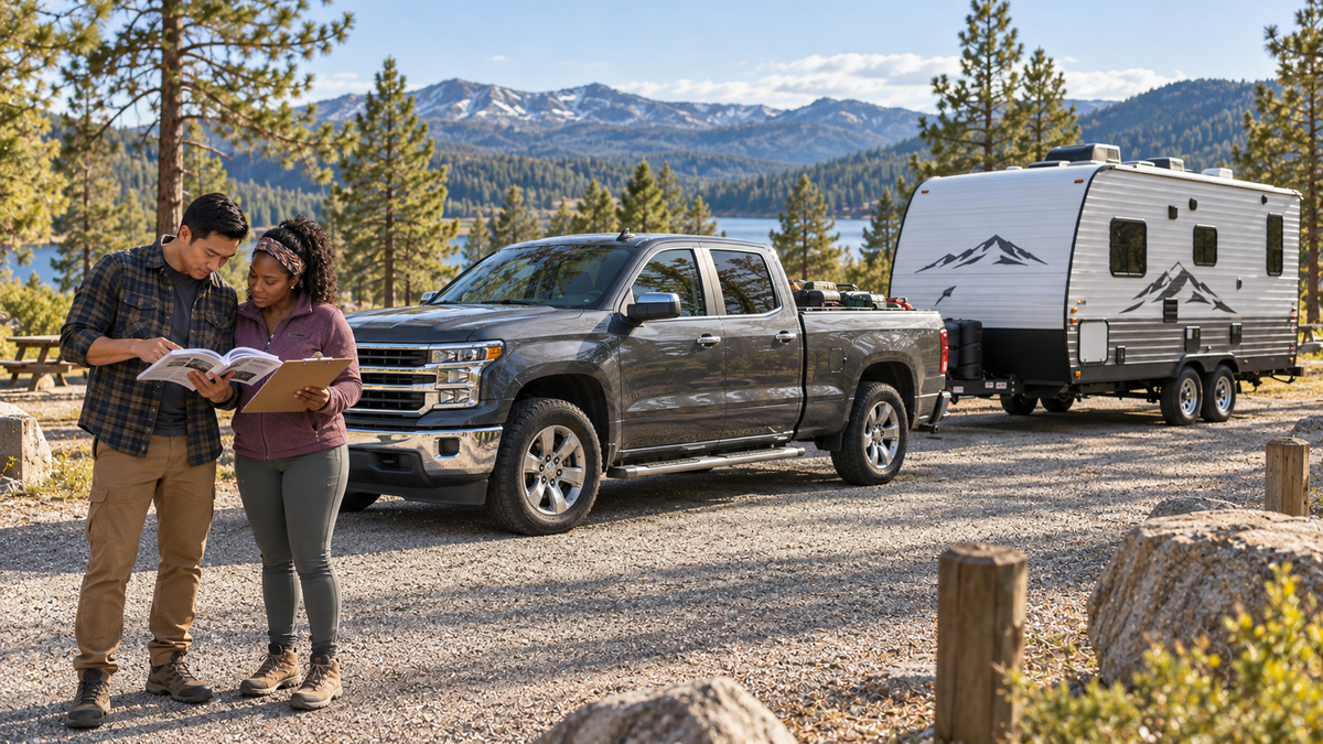 Couple reviewing a vehicle owner’s manual beside a gray pickup truck and travel trailer at a mountain campground.