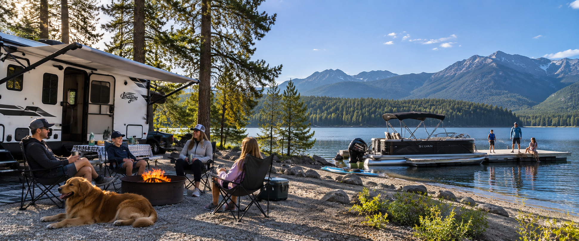 Family enjoying an RV and boat campsite beside a mountain lake
