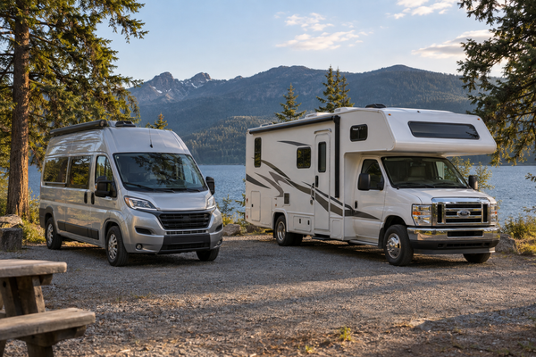 Compact Class B camper van beside a larger Class C motorhome with an overhead bunk at a wooded lakeside campsite.